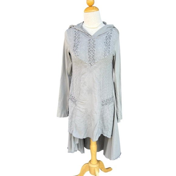 Free People Hooded High Low Tunic Dress Embroidered Drapey Hem Gray Small GUC - Picture 2 of 16